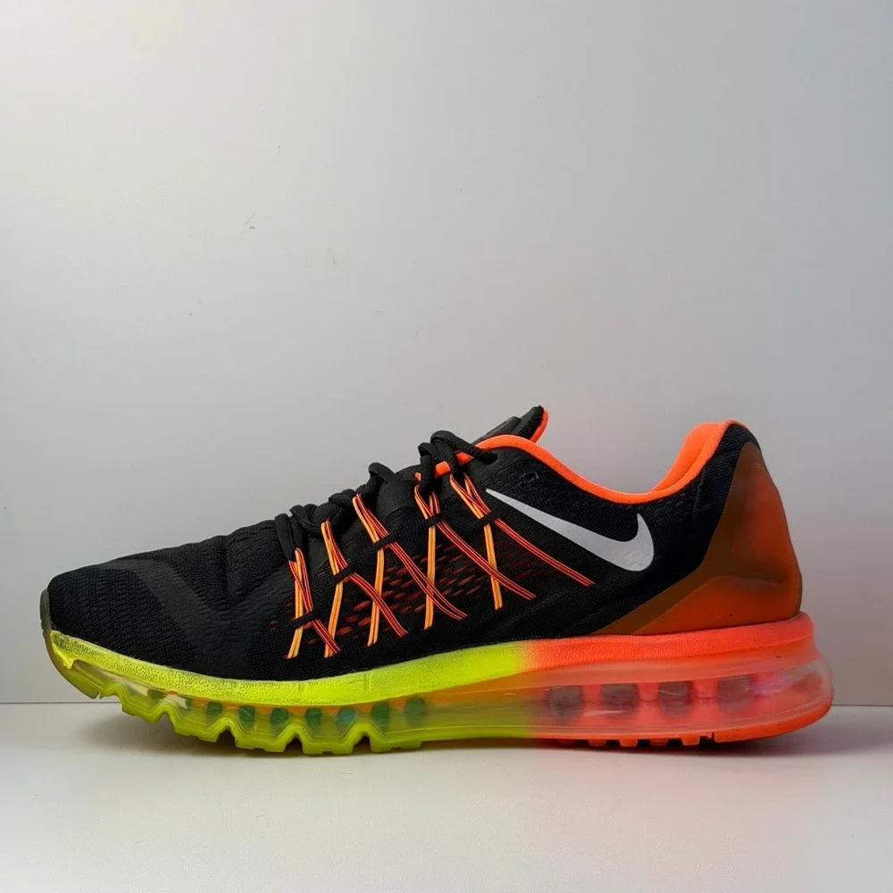 Nike Air Max 2015 Mens 12 Black Orange Volt Cushion Running Shoes Flywire Gym